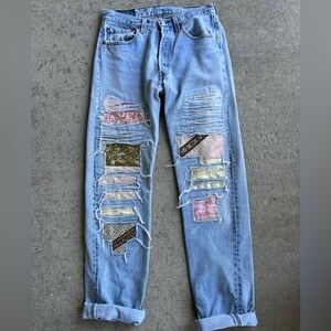 Vintage upcycled patchwork tapestry handmade Levi’s blue jeans mom high rise